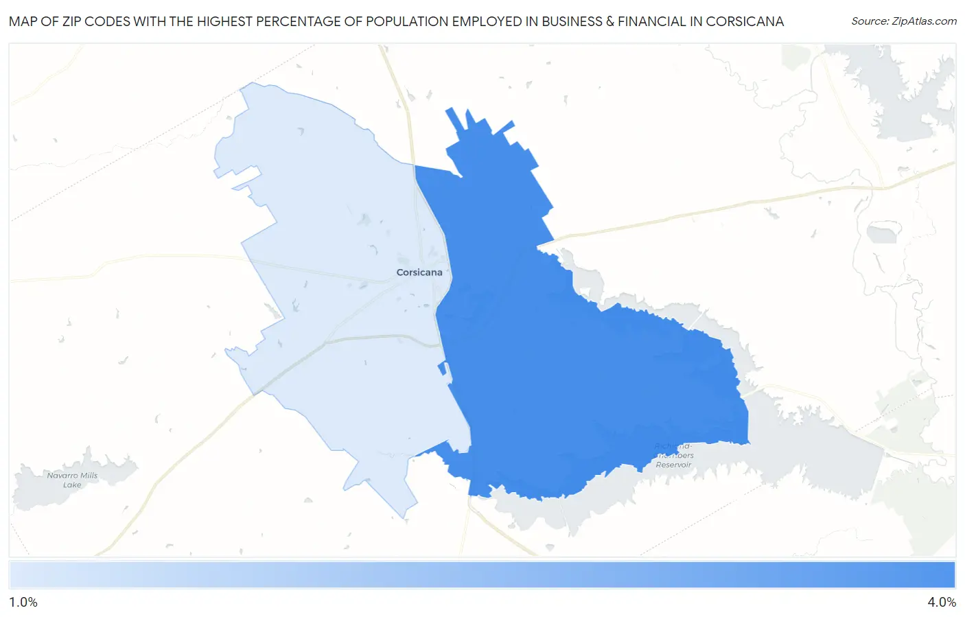 Zip Codes with the Highest Percentage of Population Employed in Business & Financial in Corsicana Map