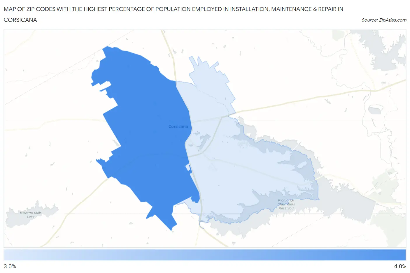 Zip Codes with the Highest Percentage of Population Employed in Installation, Maintenance & Repair in Corsicana Map