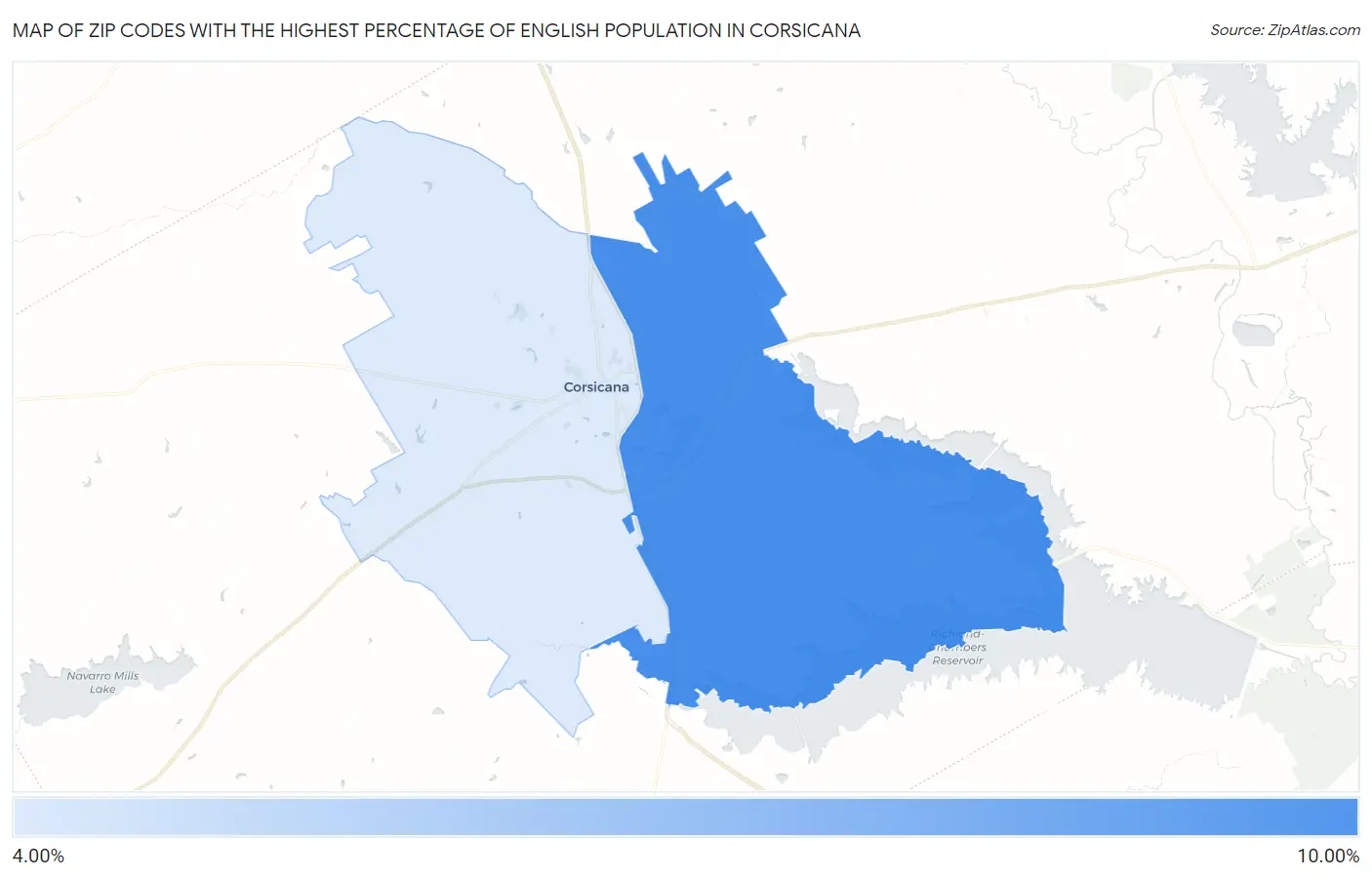 Zip Codes with the Highest Percentage of English Population in Corsicana Map