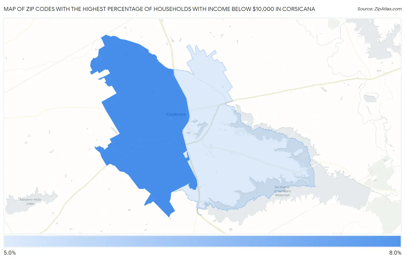 Zip Codes with the Highest Percentage of Households with Income Below $10,000 in Corsicana Map