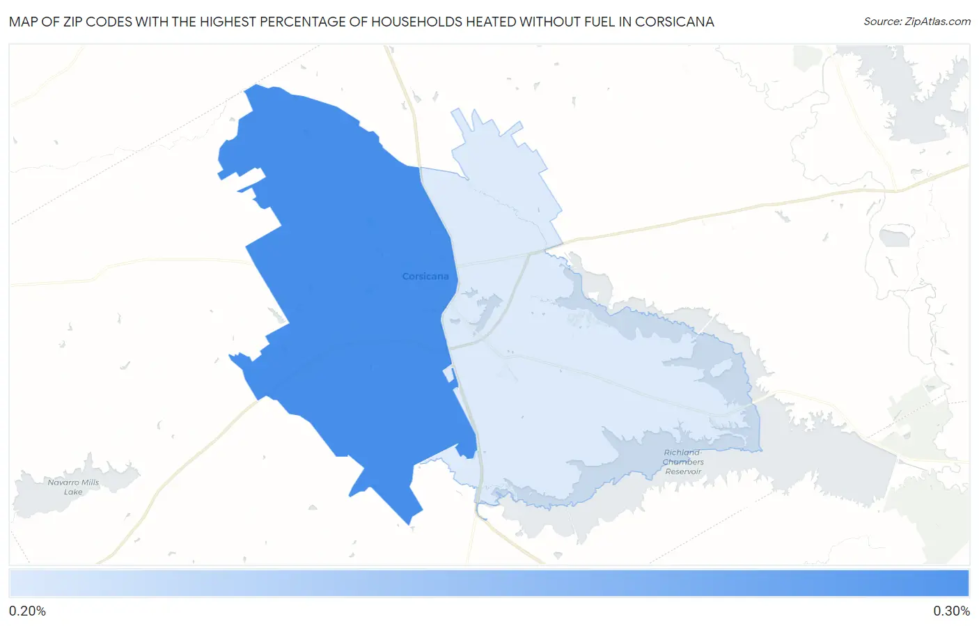 Zip Codes with the Highest Percentage of Households Heated without Fuel in Corsicana Map
