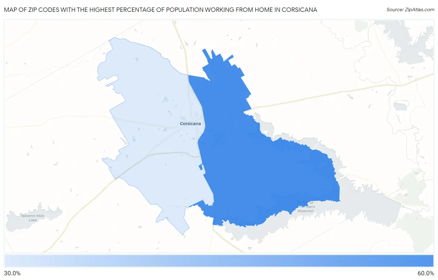 Zip Codes with the Highest Percentage of Population Working from Home in Corsicana Map