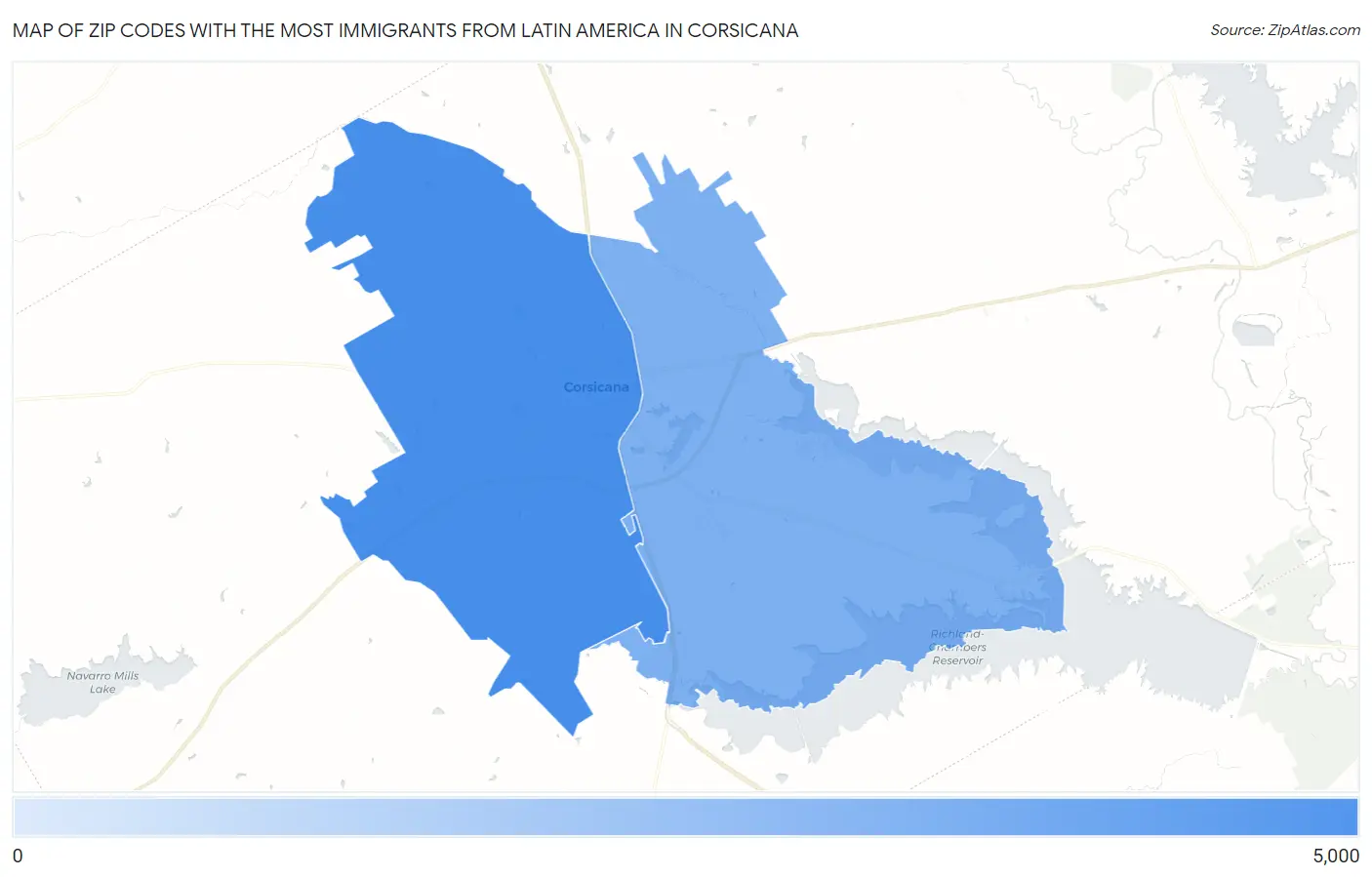 Zip Codes with the Most Immigrants from Latin America in Corsicana Map