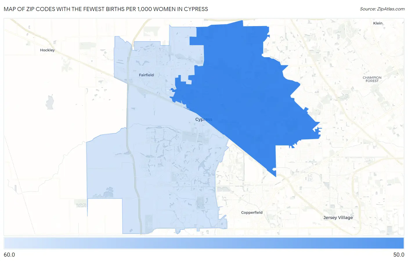 Zip Codes with the Fewest Births per 1,000 Women in Cypress Map