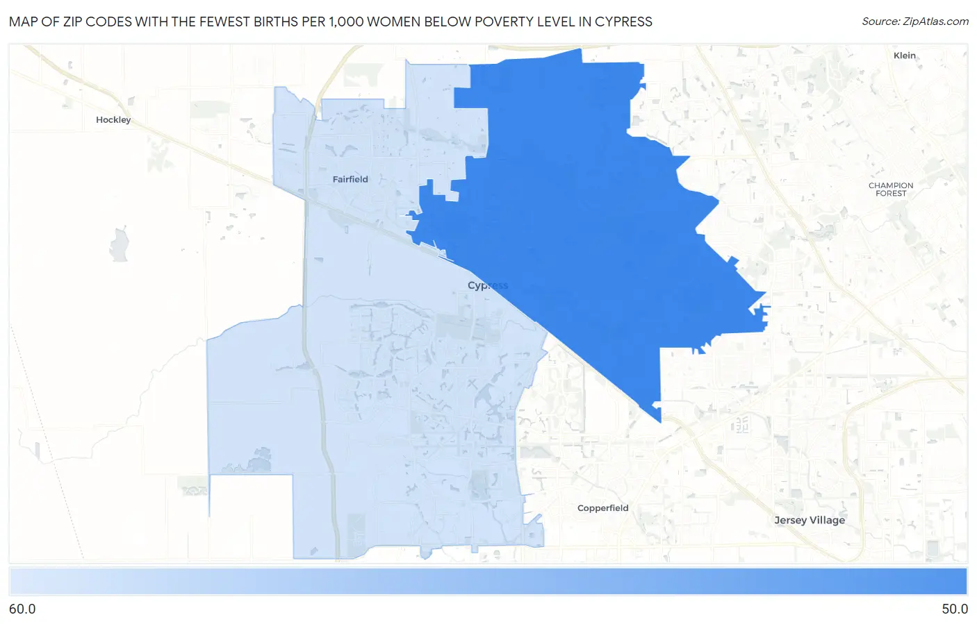 Zip Codes with the Fewest Births per 1,000 Women Below Poverty Level in Cypress Map
