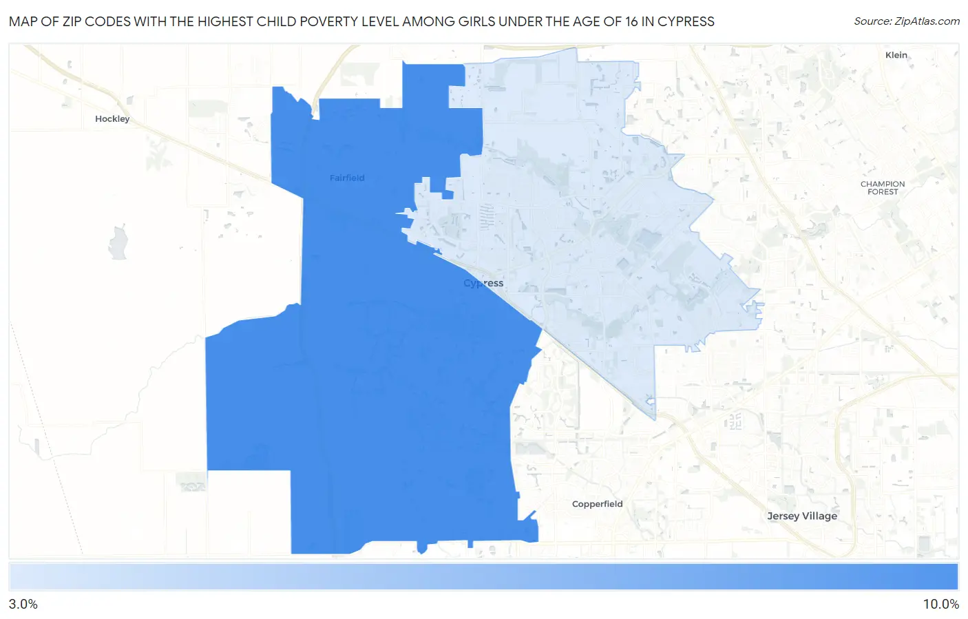 Zip Codes with the Highest Child Poverty Level Among Girls Under the Age of 16 in Cypress Map