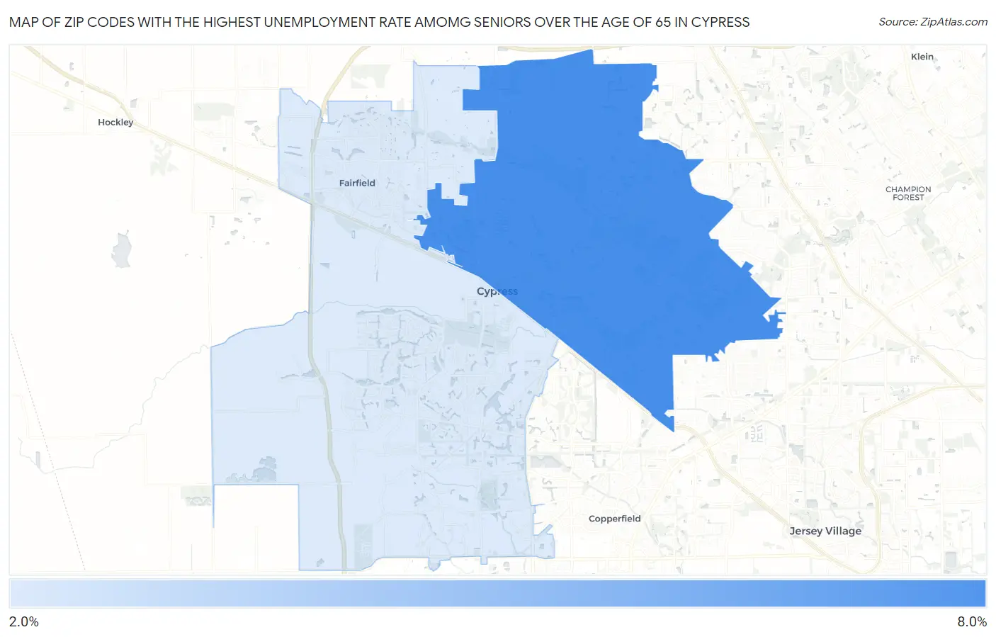 Zip Codes with the Highest Unemployment Rate Amomg Seniors Over the Age of 65 in Cypress Map
