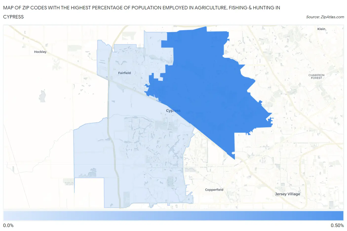 Zip Codes with the Highest Percentage of Population Employed in Agriculture, Fishing & Hunting in Cypress Map