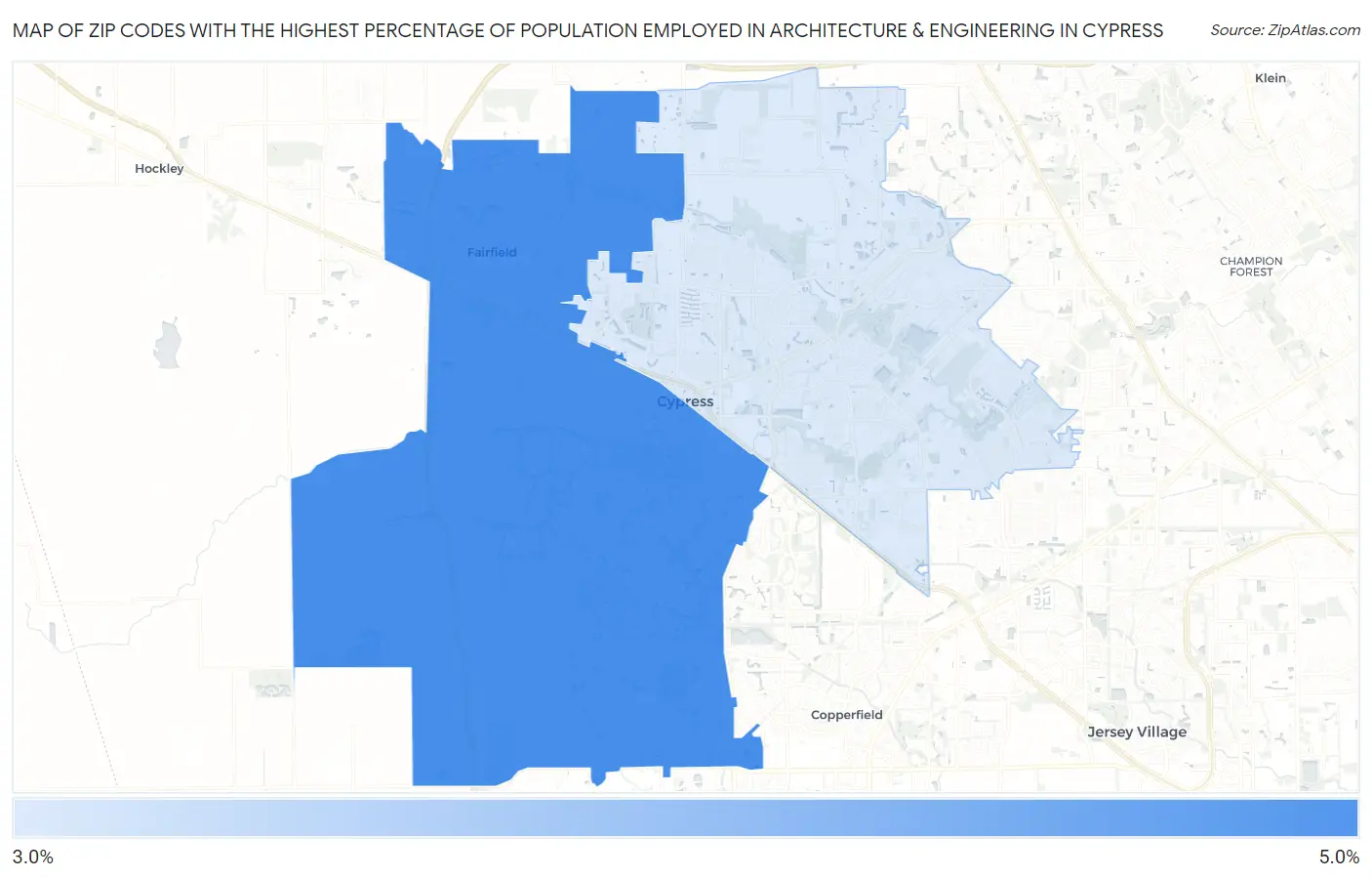 Zip Codes with the Highest Percentage of Population Employed in Architecture & Engineering in Cypress Map
