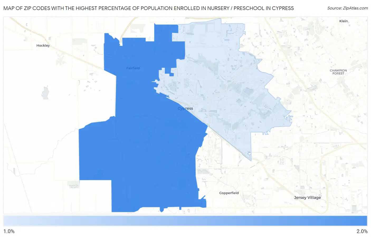 Zip Codes with the Highest Percentage of Population Enrolled in Nursery / Preschool in Cypress Map