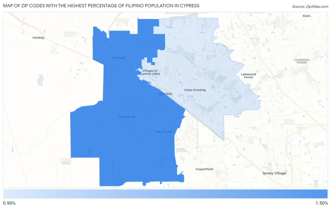 Zip Codes with the Highest Percentage of Filipino Population in Cypress Map
