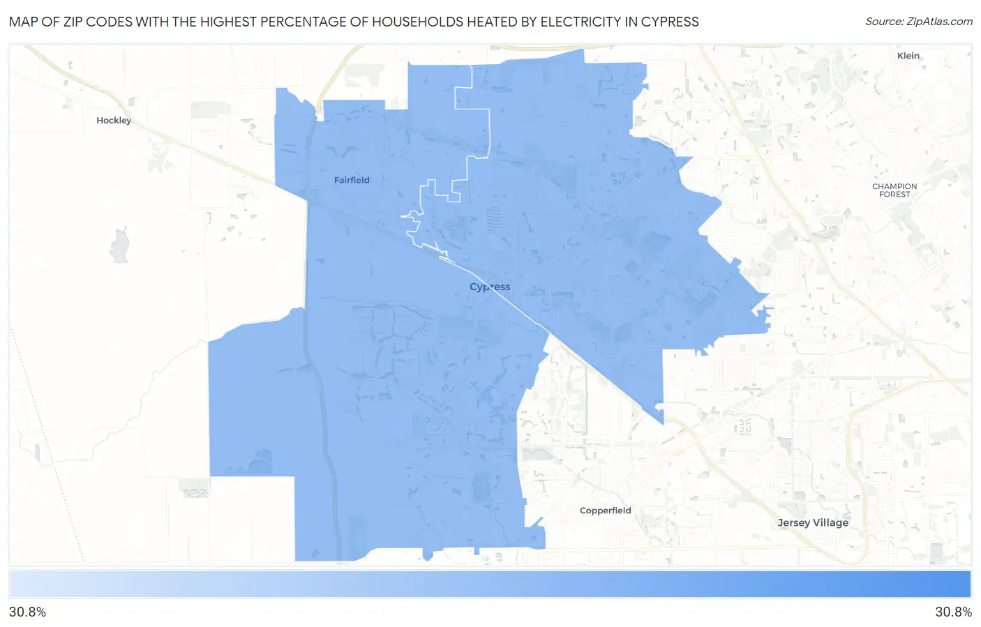 Zip Codes with the Highest Percentage of Households Heated by Electricity in Cypress Map