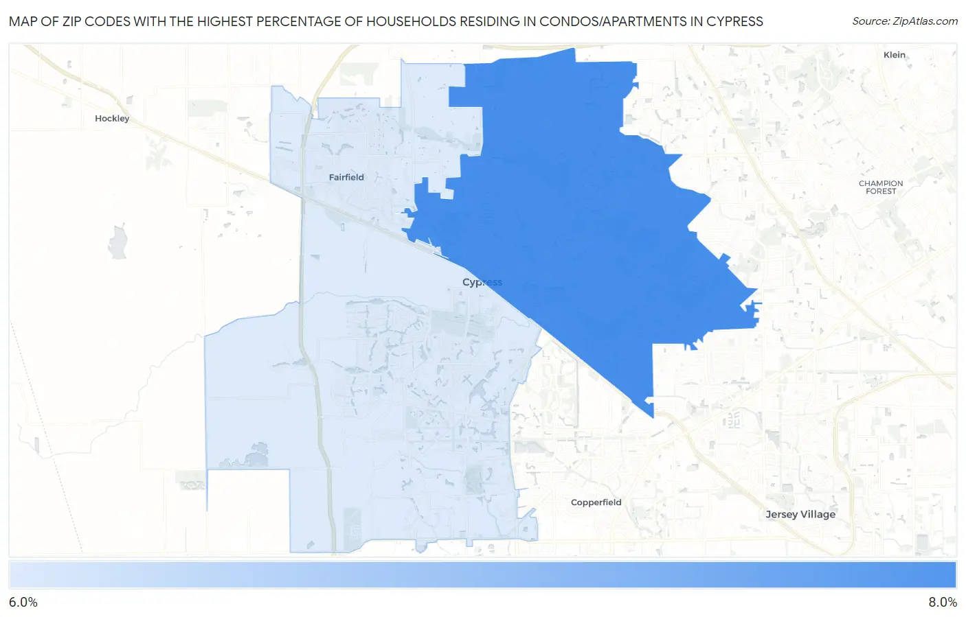 Zip Codes with the Highest Percentage of Households Residing in Condos/Apartments in Cypress Map