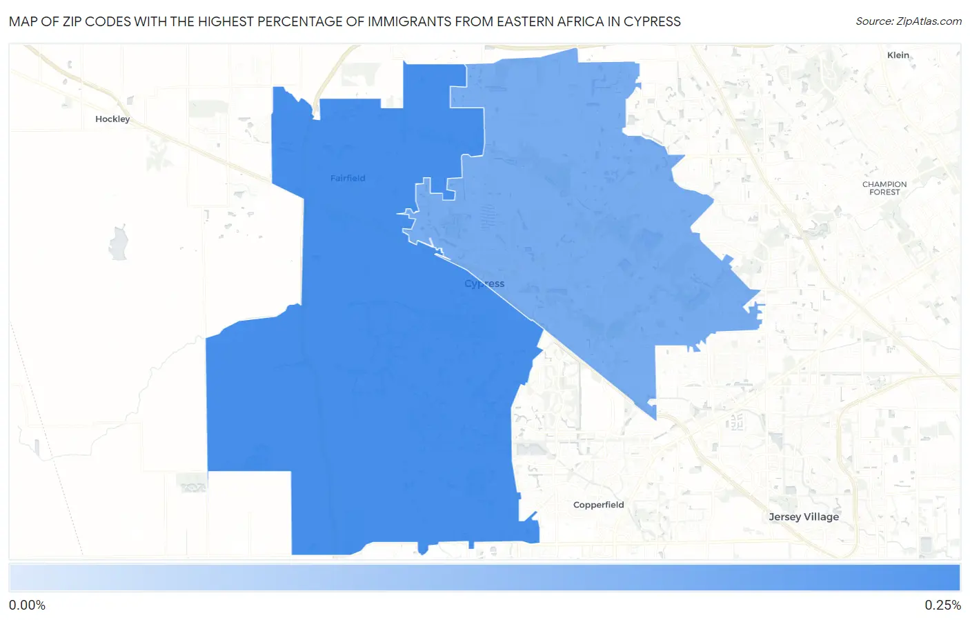 Zip Codes with the Highest Percentage of Immigrants from Eastern Africa in Cypress Map