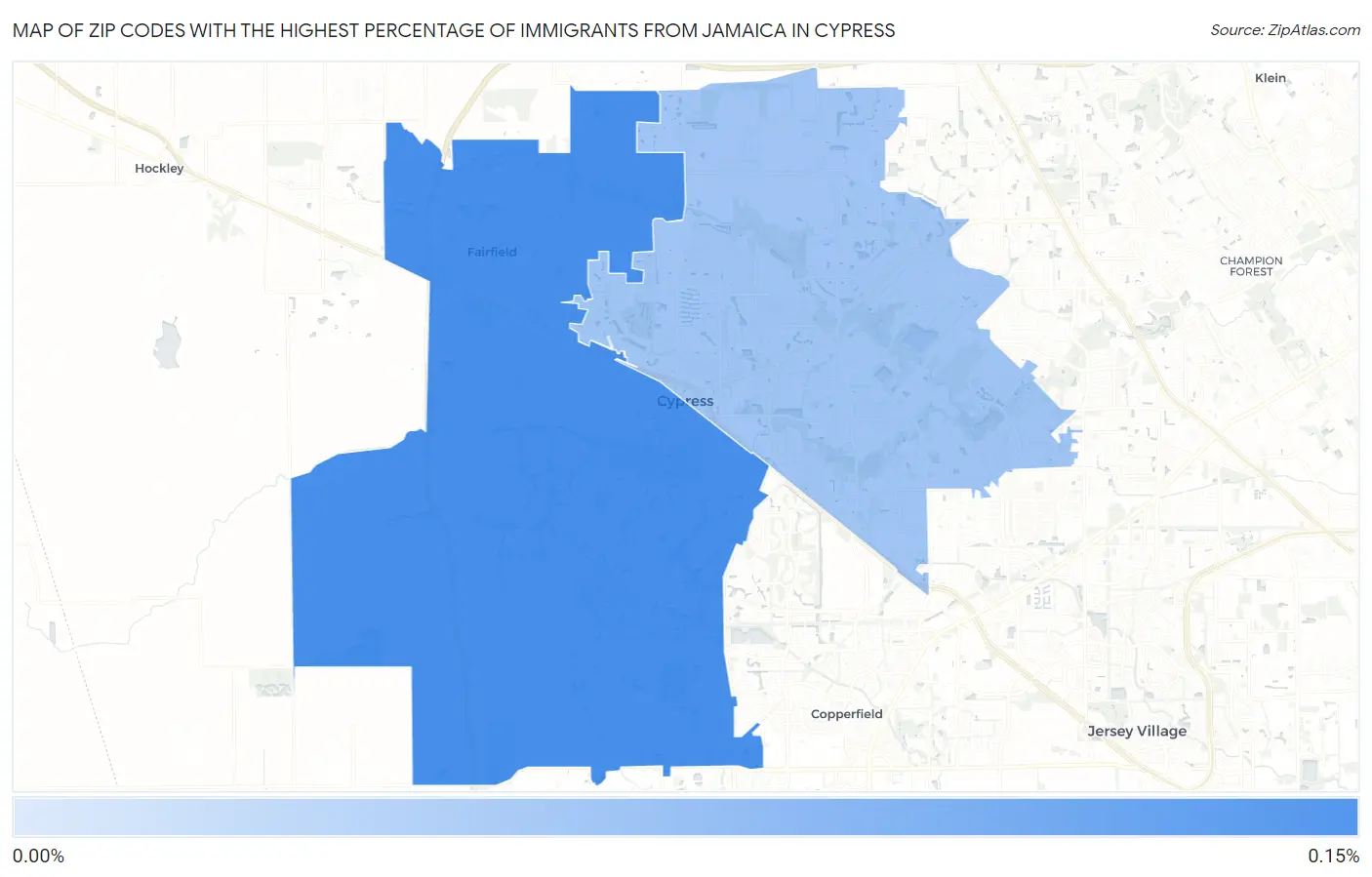 Zip Codes with the Highest Percentage of Immigrants from Jamaica in Cypress Map