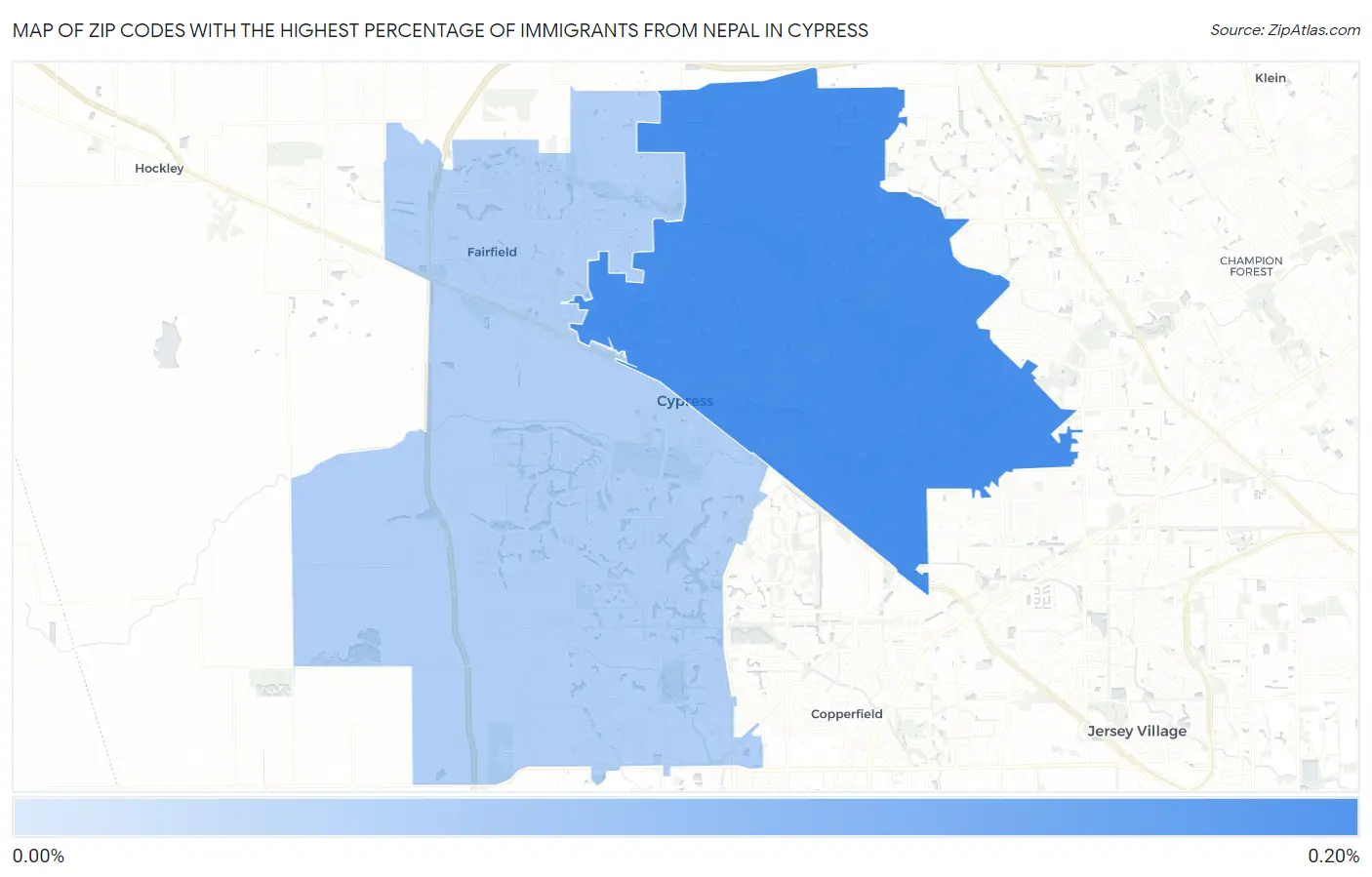 Zip Codes with the Highest Percentage of Immigrants from Nepal in Cypress Map