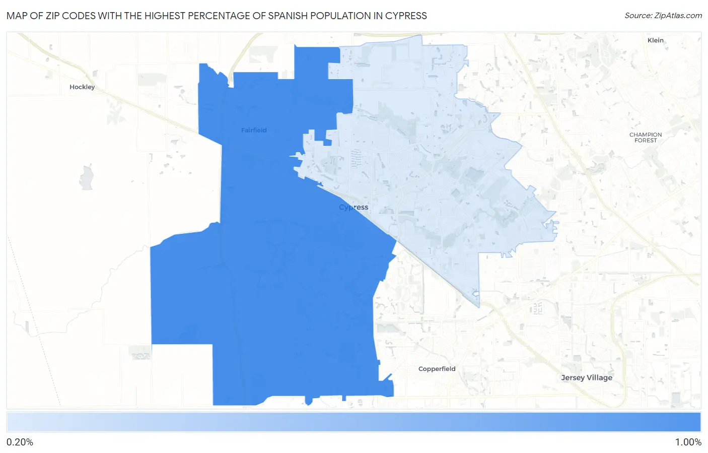 Zip Codes with the Highest Percentage of Spanish Population in Cypress Map