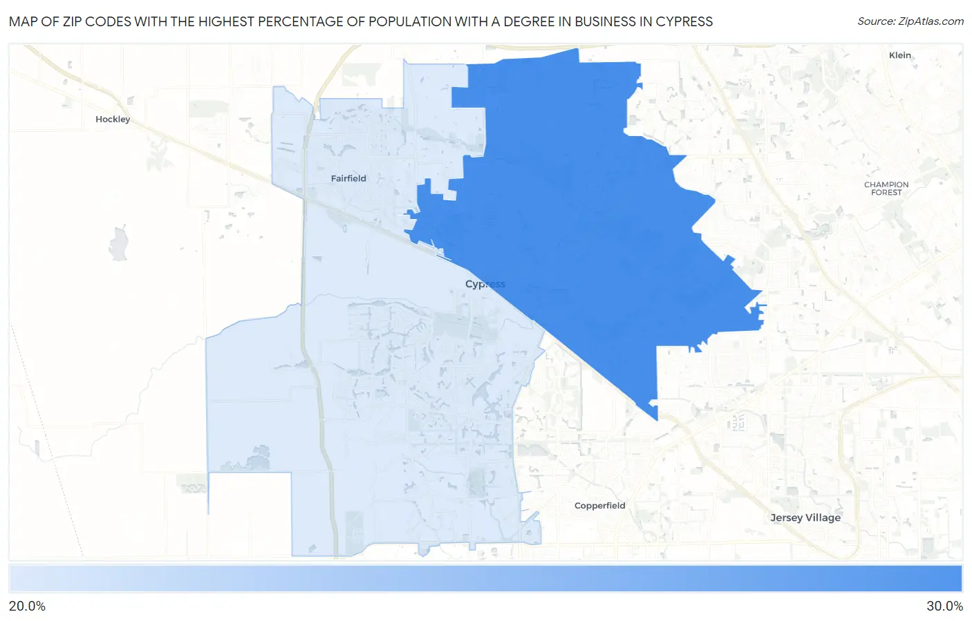 Zip Codes with the Highest Percentage of Population with a Degree in Business in Cypress Map