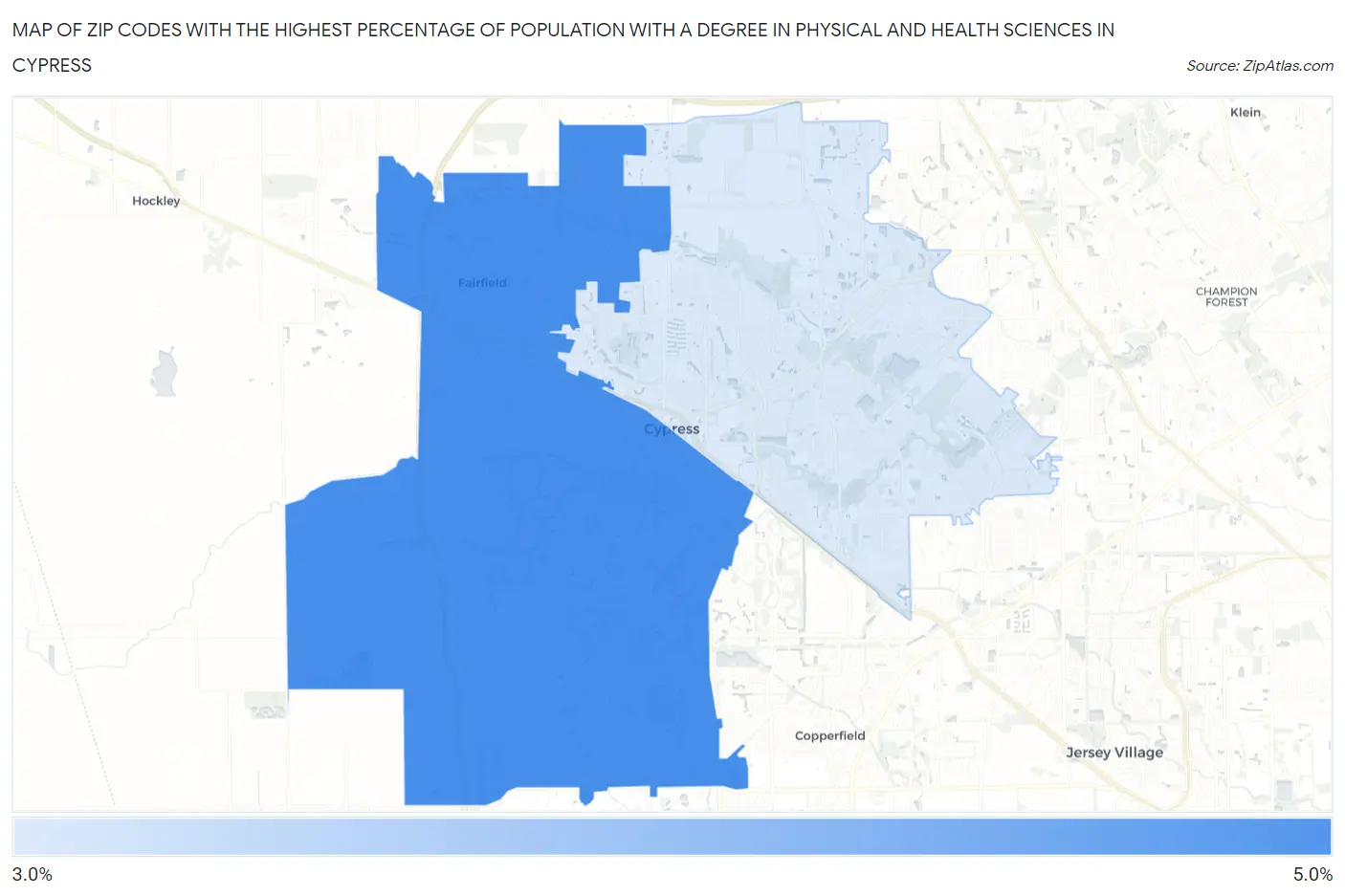 Zip Codes with the Highest Percentage of Population with a Degree in Physical and Health Sciences in Cypress Map