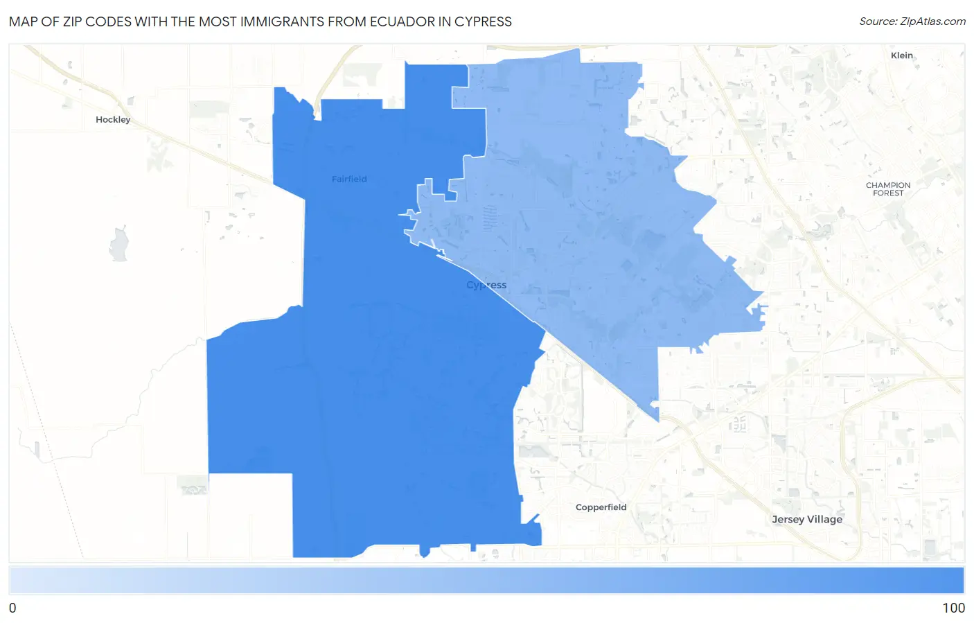 Zip Codes with the Most Immigrants from Ecuador in Cypress Map