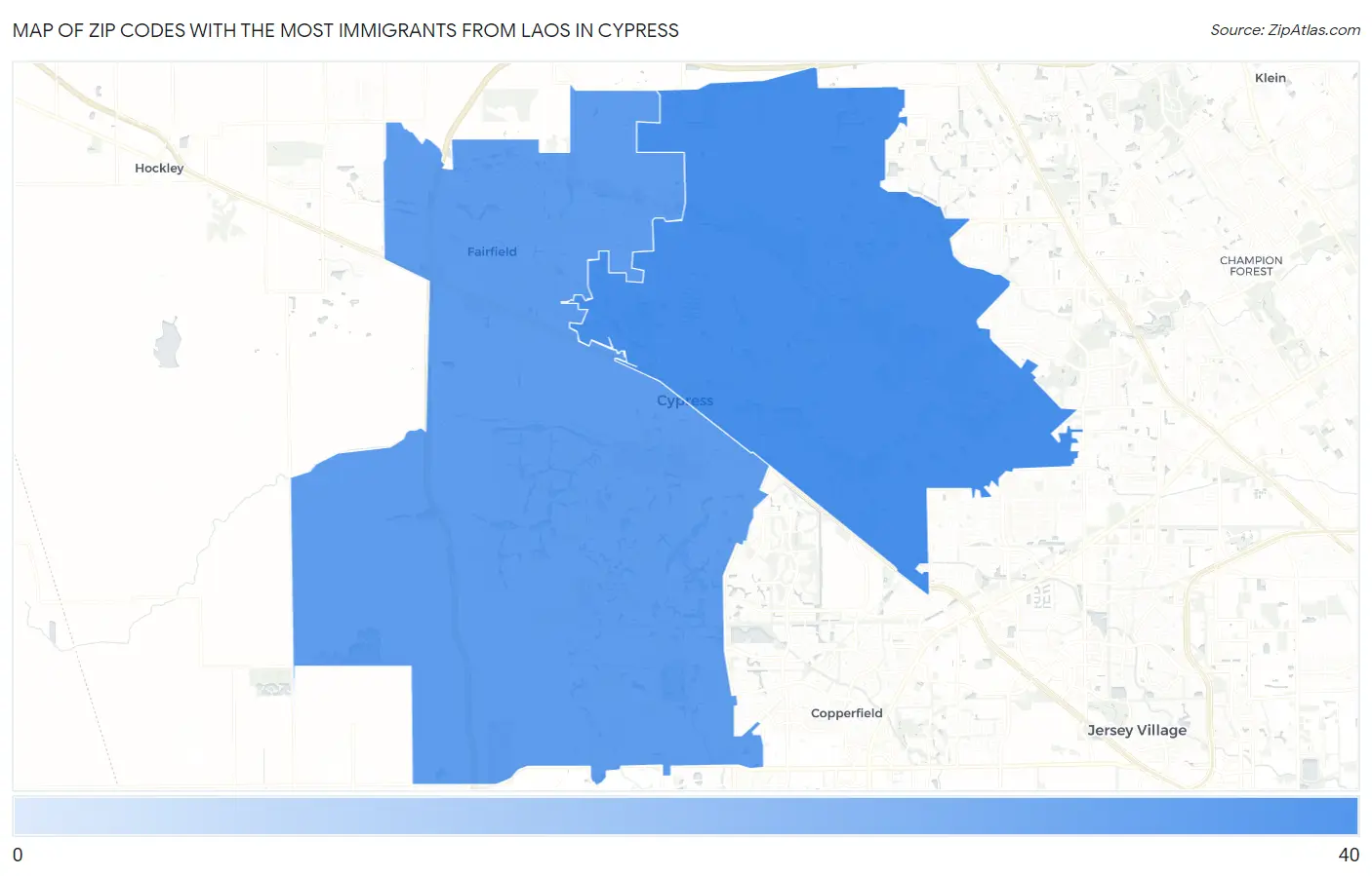 Zip Codes with the Most Immigrants from Laos in Cypress Map