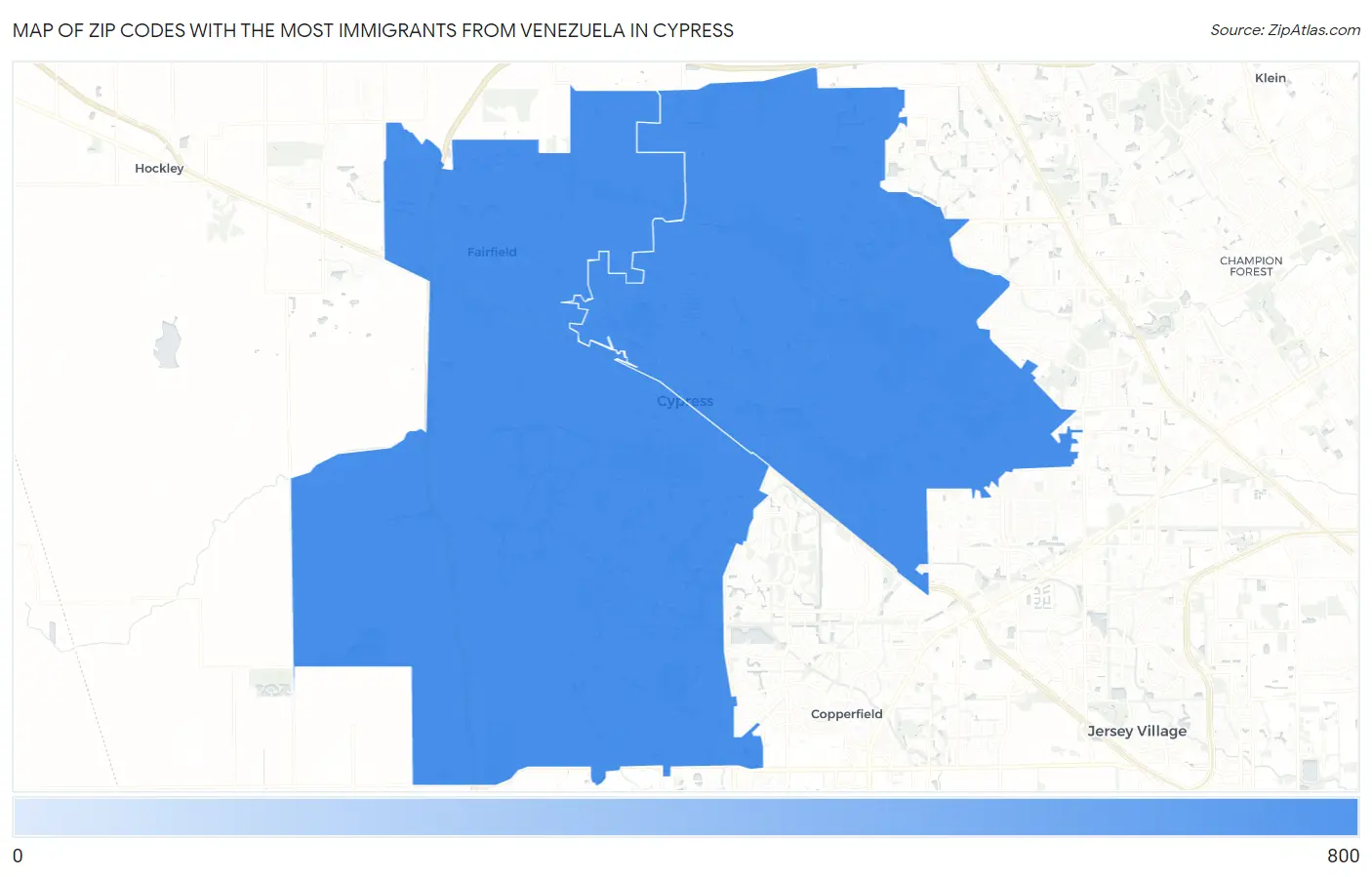Zip Codes with the Most Immigrants from Venezuela in Cypress Map