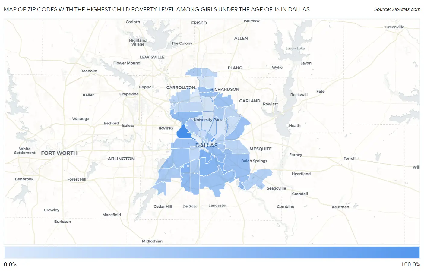 Zip Codes with the Highest Child Poverty Level Among Girls Under the Age of 16 in Dallas Map