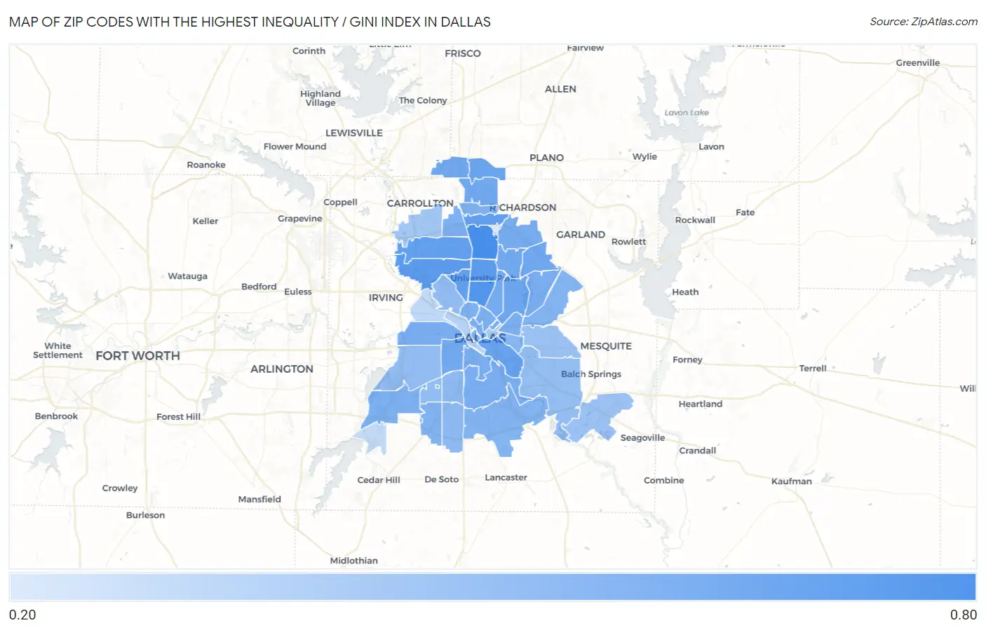 Zip Codes with the Highest Inequality / Gini Index in Dallas Map