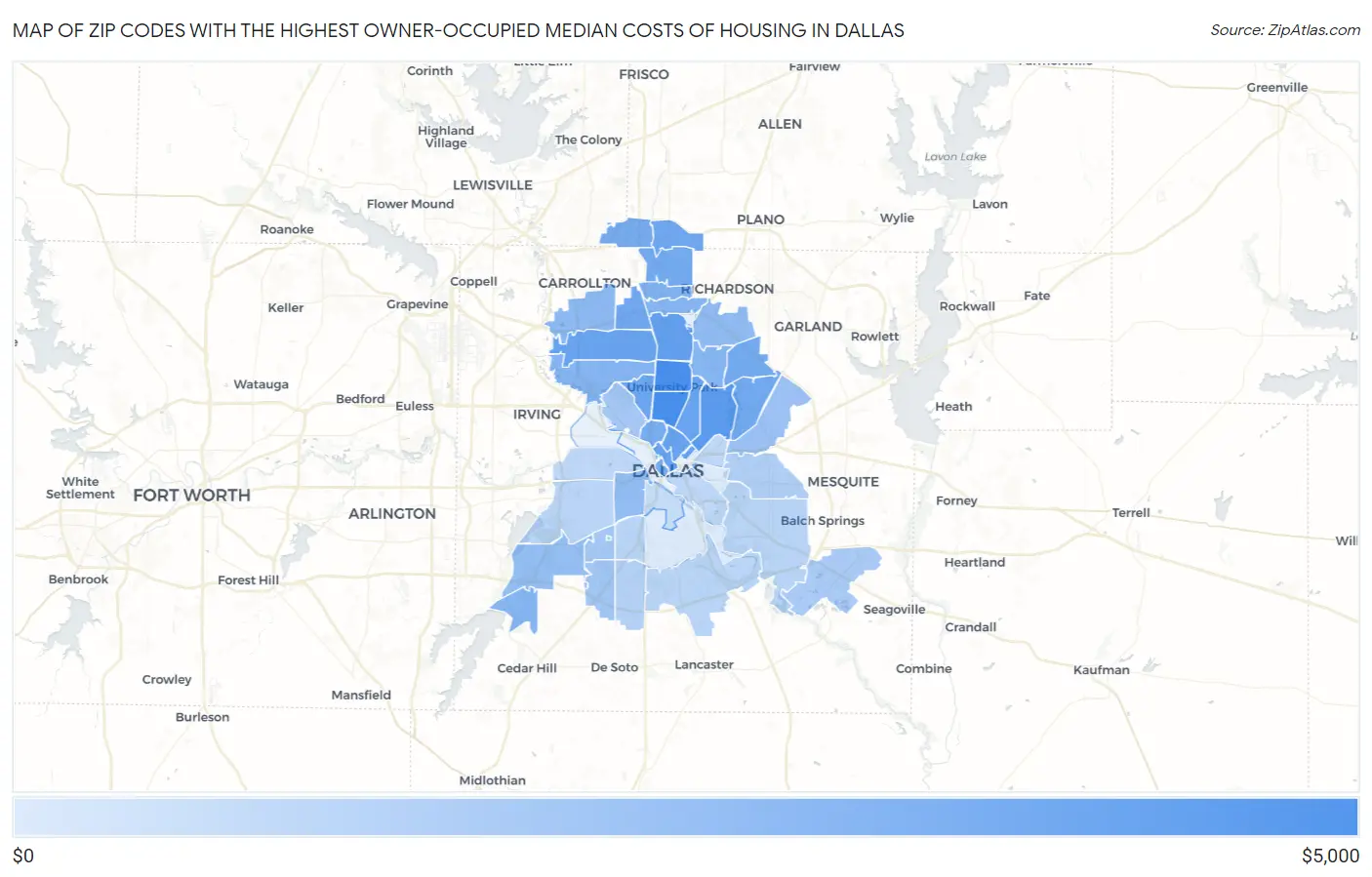 Zip Codes with the Highest Owner-Occupied Median Costs of Housing in Dallas Map