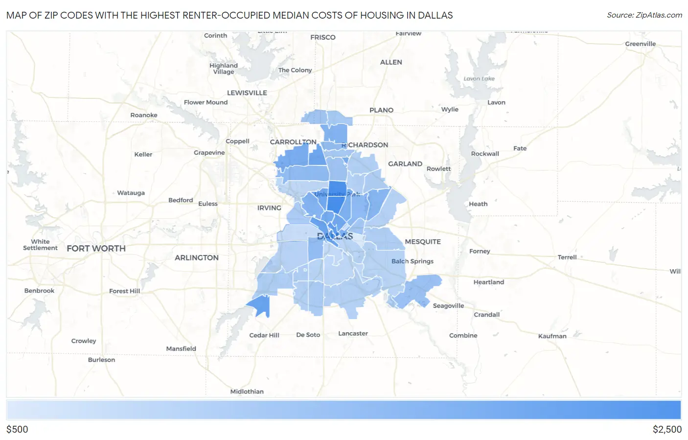 Zip Codes with the Highest Renter-Occupied Median Costs of Housing in Dallas Map