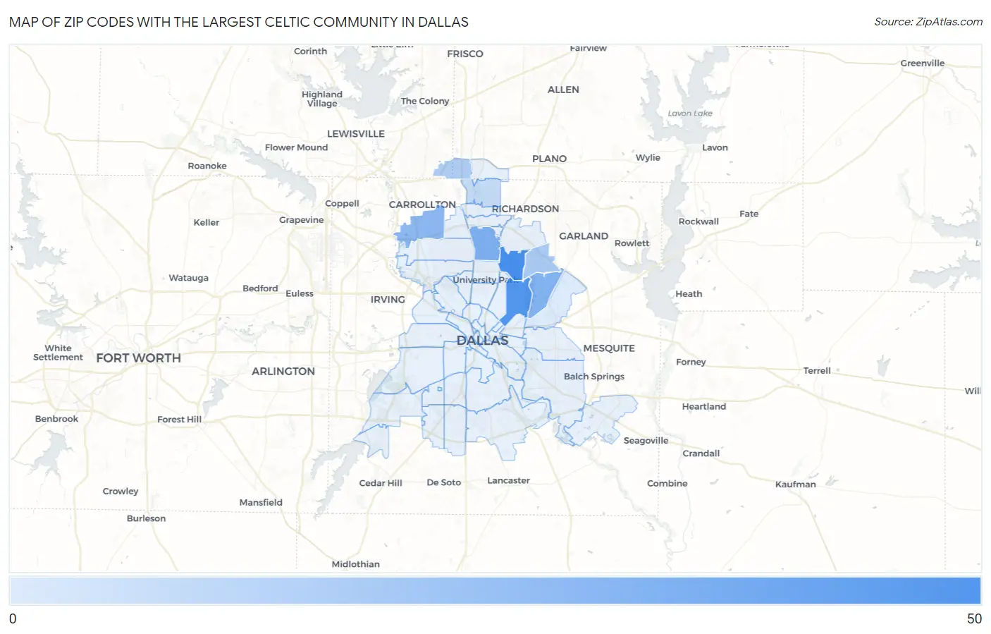 Zip Codes with the Largest Celtic Community in Dallas Map