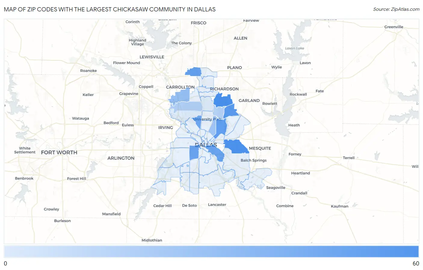 Zip Codes with the Largest Chickasaw Community in Dallas Map