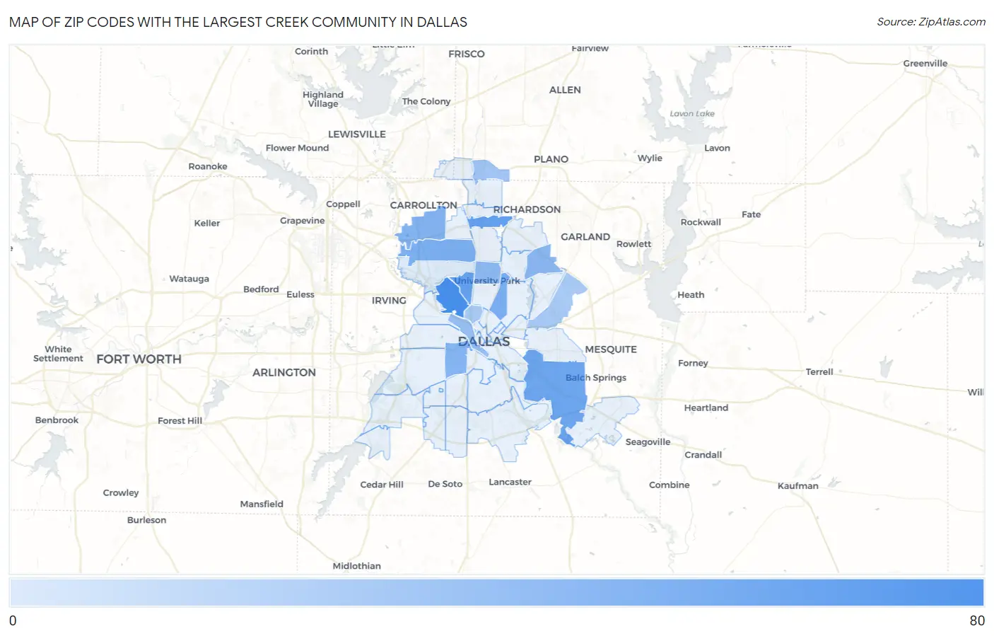 Zip Codes with the Largest Creek Community in Dallas Map