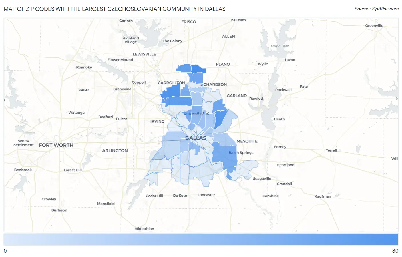 Zip Codes with the Largest Czechoslovakian Community in Dallas Map