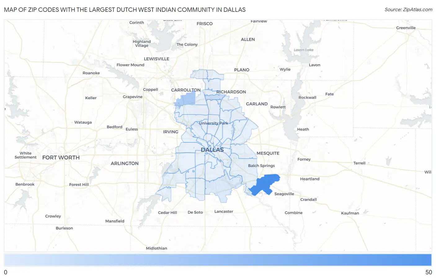 Zip Codes with the Largest Dutch West Indian Community in Dallas Map