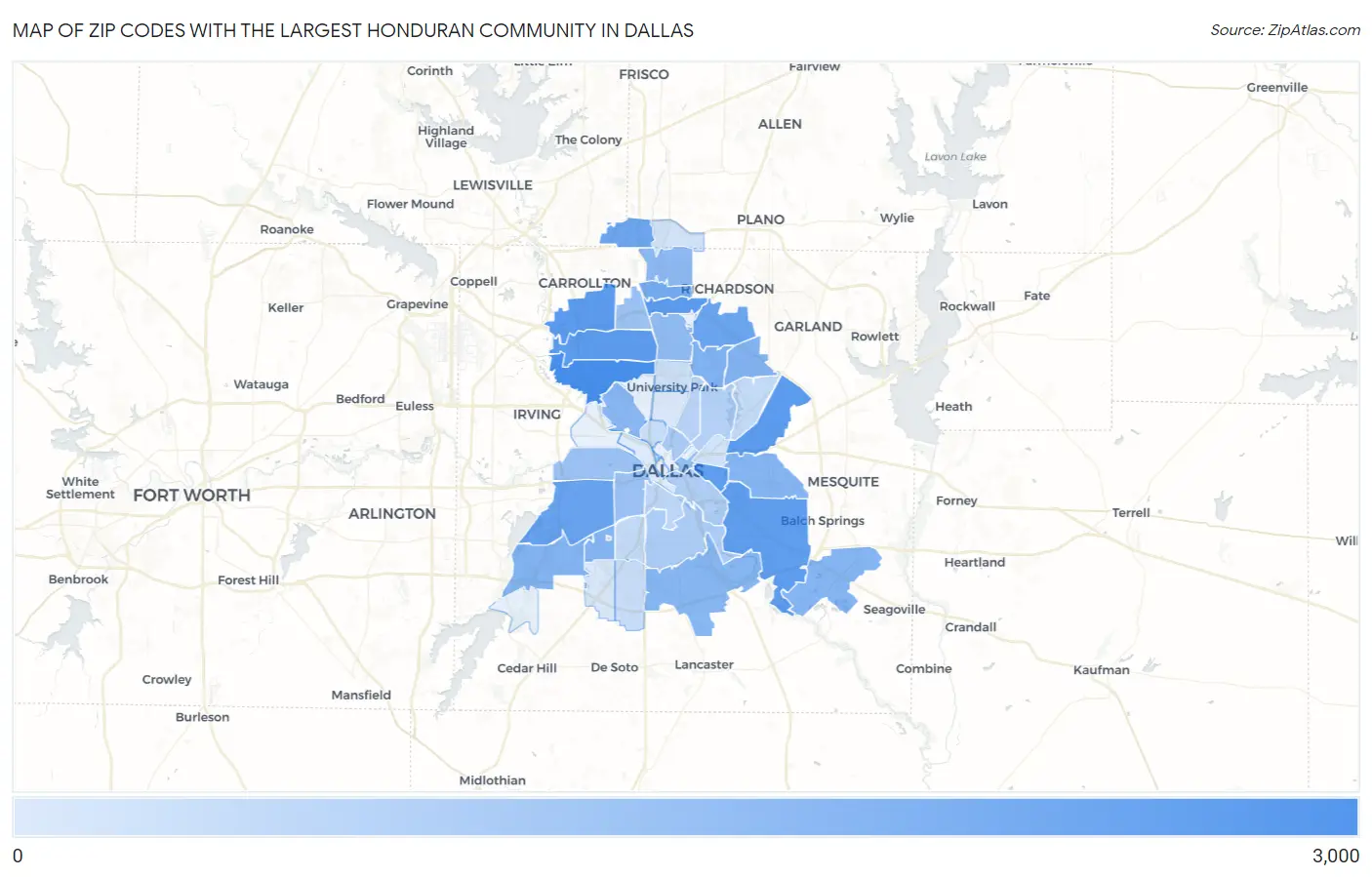 Zip Codes with the Largest Honduran Community in Dallas Map