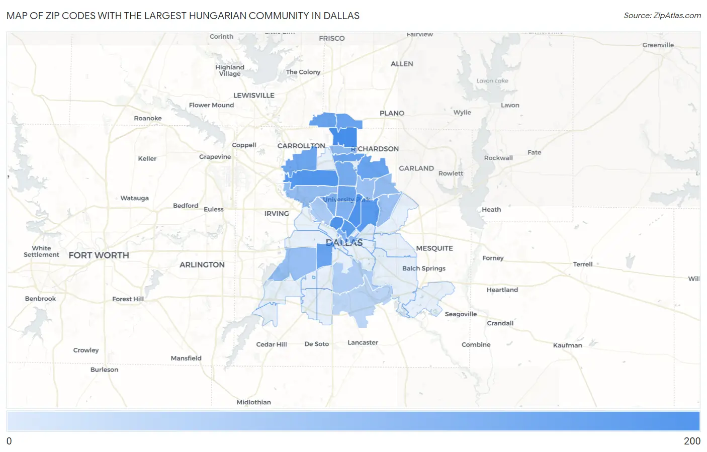 Zip Codes with the Largest Hungarian Community in Dallas Map