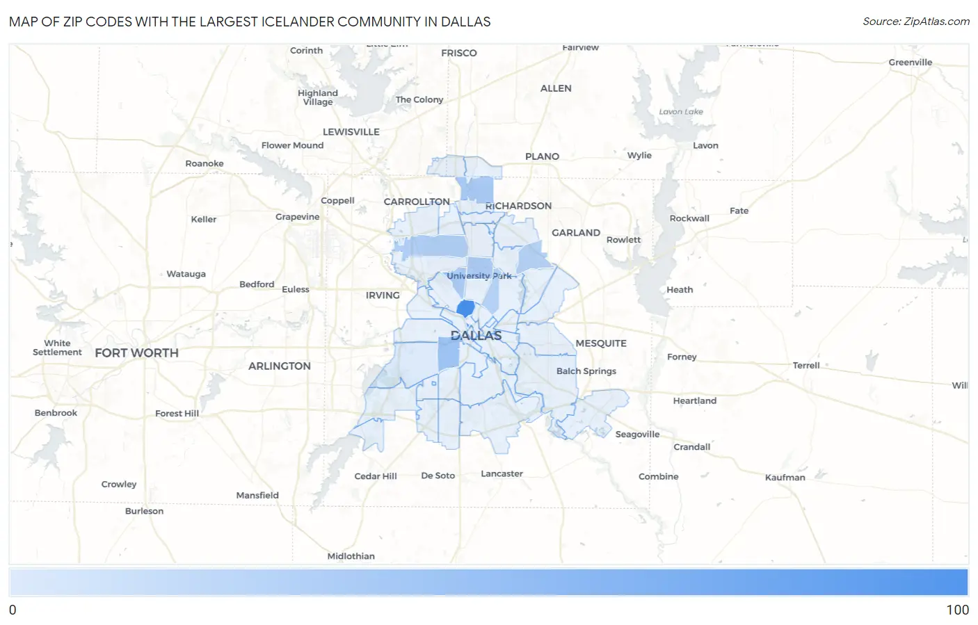 Zip Codes with the Largest Icelander Community in Dallas Map