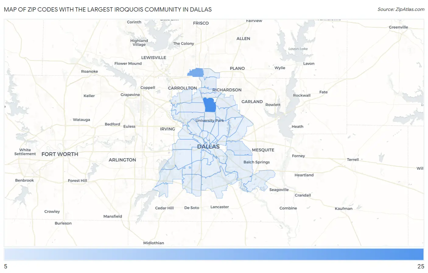 Zip Codes with the Largest Iroquois Community in Dallas Map