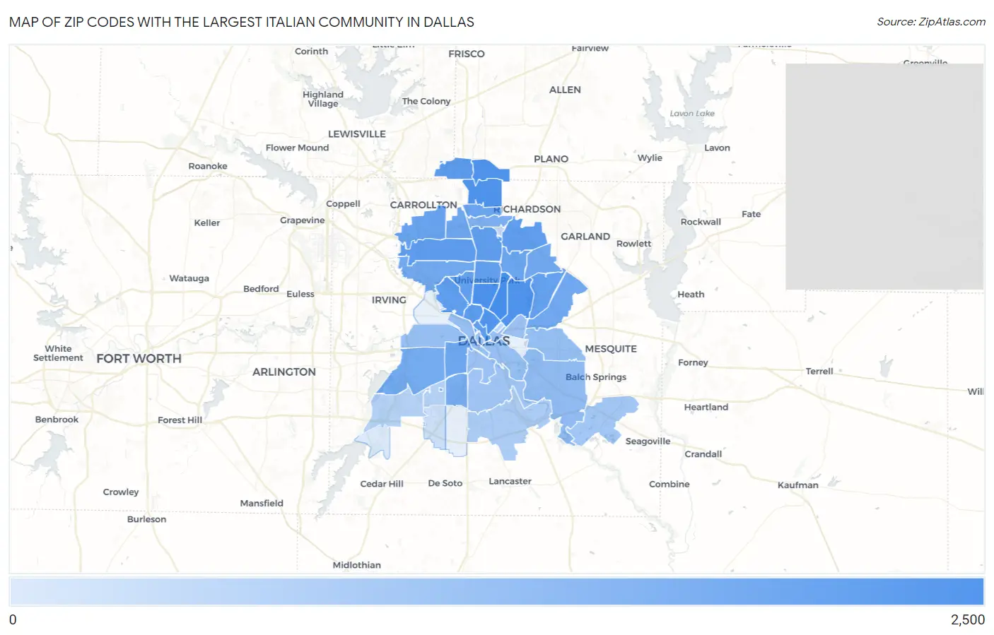 Zip Codes with the Largest Italian Community in Dallas Map