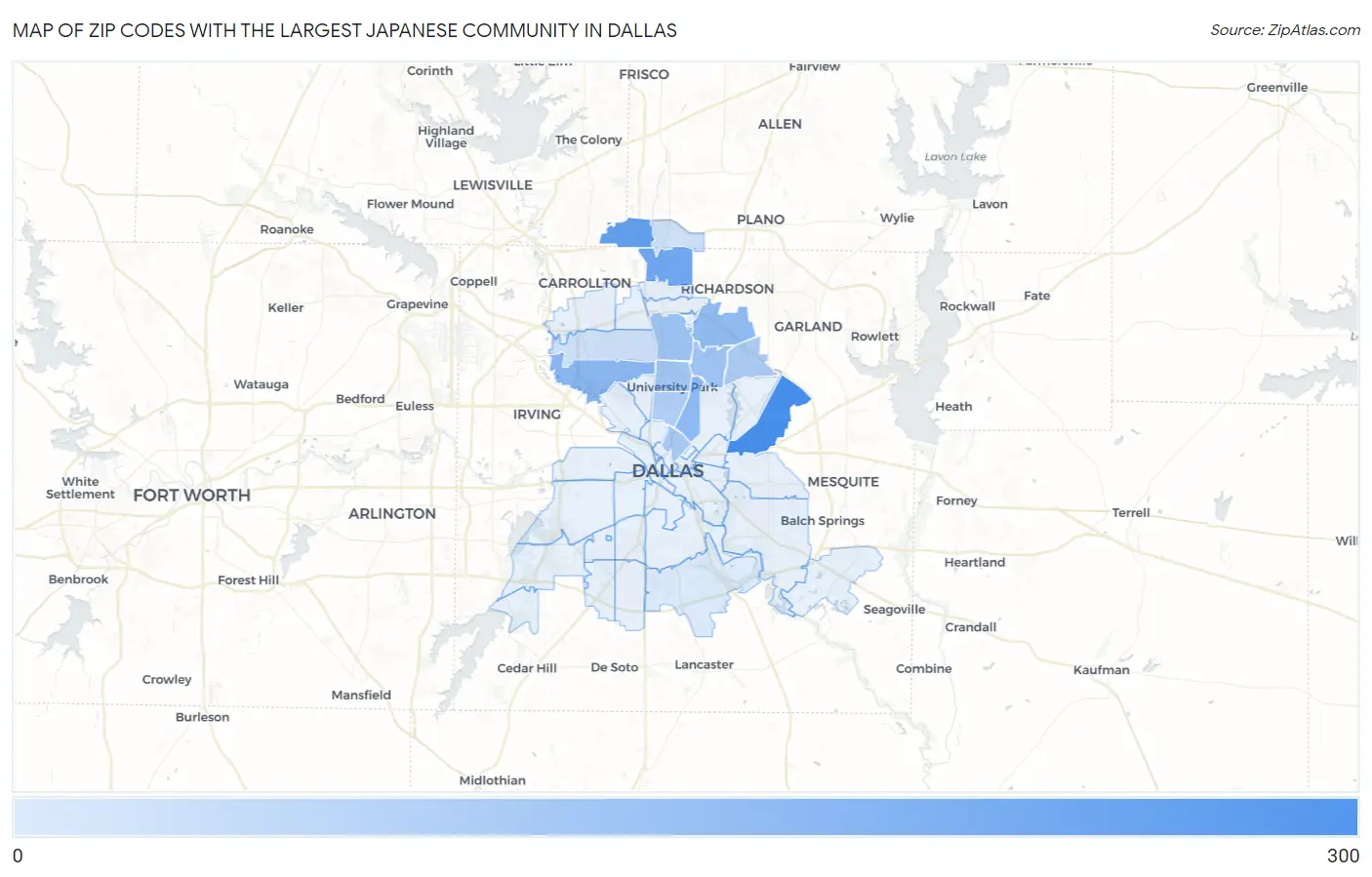 Zip Codes with the Largest Japanese Community in Dallas Map