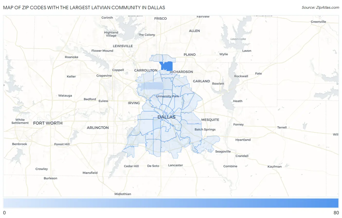 Zip Codes with the Largest Latvian Community in Dallas Map