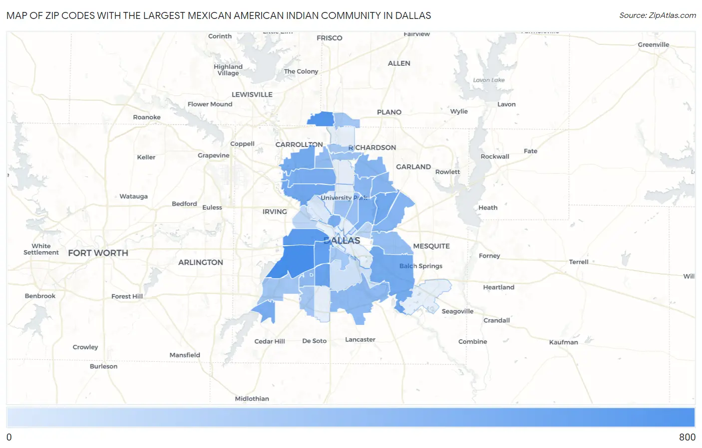 Zip Codes with the Largest Mexican American Indian Community in Dallas Map