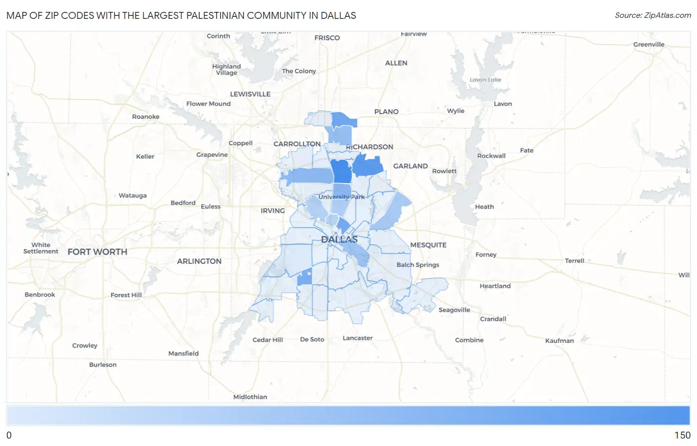 Zip Codes with the Largest Palestinian Community in Dallas Map
