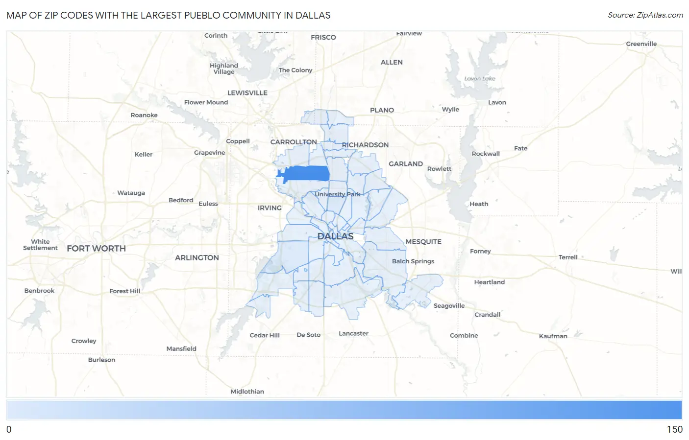 Zip Codes with the Largest Pueblo Community in Dallas Map