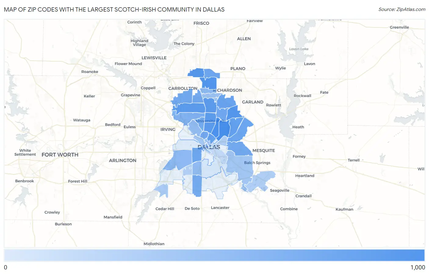 Zip Codes with the Largest Scotch-Irish Community in Dallas Map