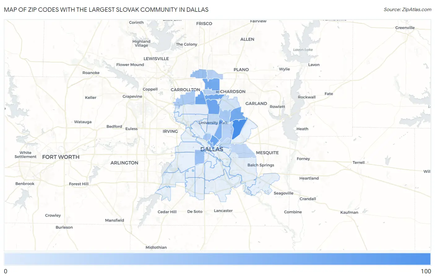 Zip Codes with the Largest Slovak Community in Dallas Map