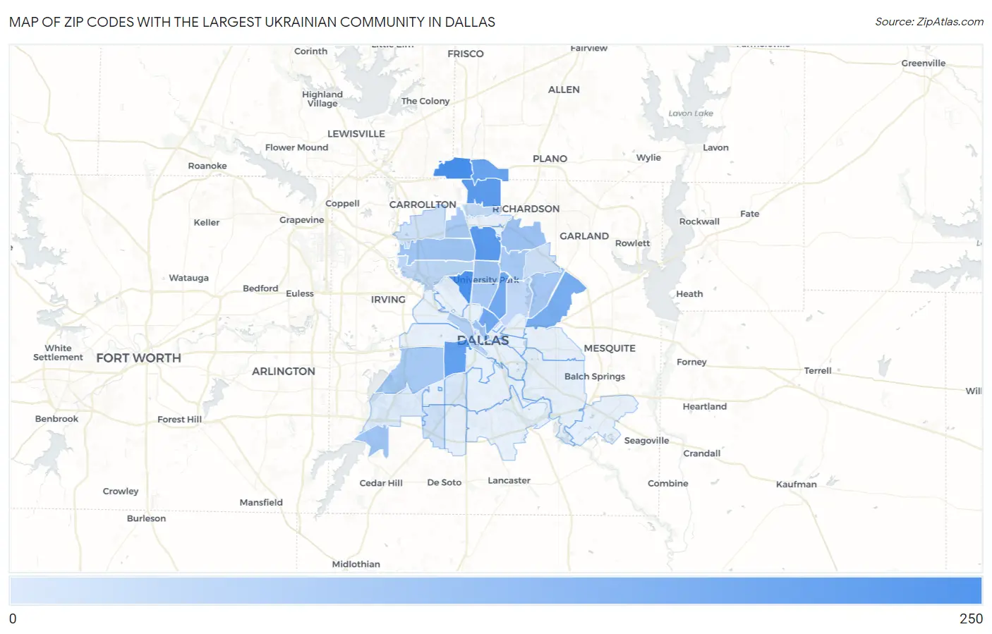 Zip Codes with the Largest Ukrainian Community in Dallas Map