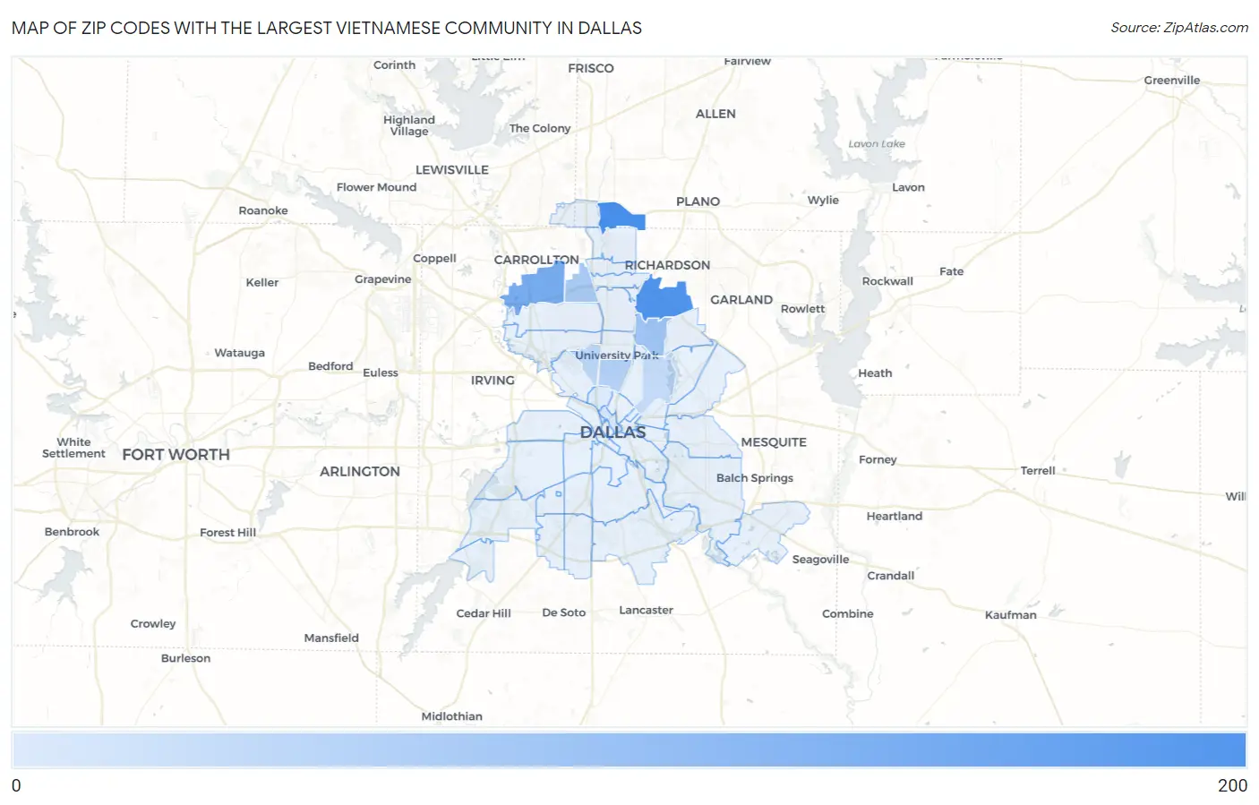 Zip Codes with the Largest Vietnamese Community in Dallas Map