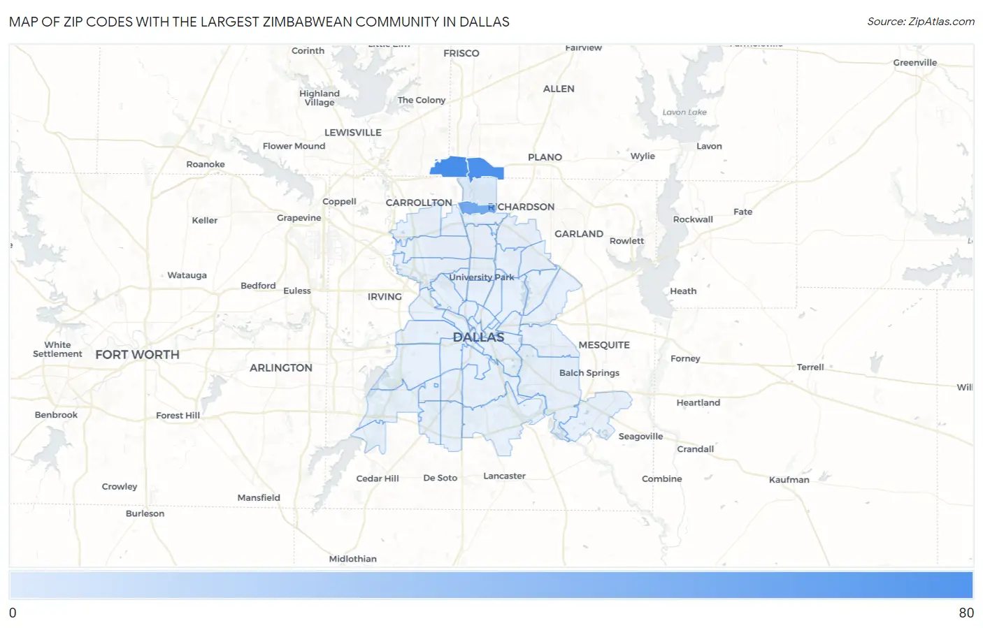 Zip Codes with the Largest Zimbabwean Community in Dallas Map